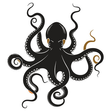 Black silhouette of an octopus with swirling tentacles and abstract shapes.