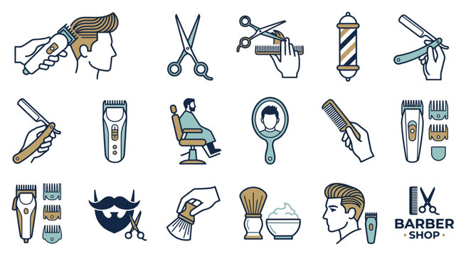 Barber tools and grooming equipment icons including scissors, razors, and styling tools.
