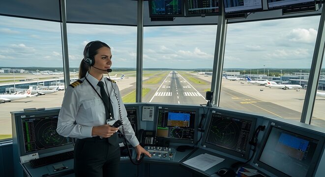 Professional Female Pilot in Control Tower Cabin with Headset