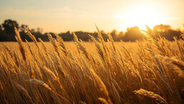 Golden grass field, gentle wind motion, warm sunlight, peaceful countryside