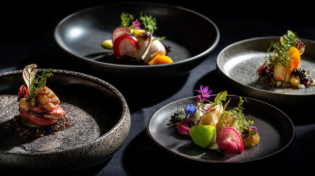luxury Korean fine dining tasting course arranged on minimalist dark ceramic plates, high-end gastronomic presentation with micro-greens and edible flowers, cinematic lighting with soft shadows 