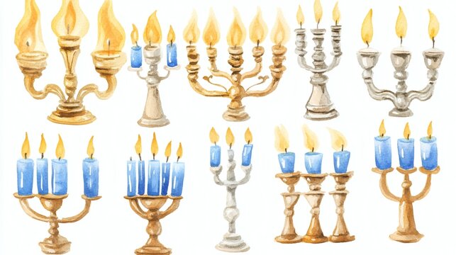 Watercolor illustration of assorted menorahs and candelabras with lit candles in gold and silver tones and blue candles