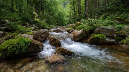Obraz premium Serene Forest Stream Flowing Over Rocky Bed Surrounded by Lush Greenery and Sunlit Canopy in Tranquil Nature Scene