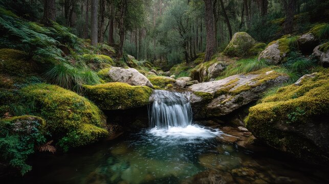 Serene Forest Landscape with Gentle Waterfall Cascading Over Mossy Rocks in Tranquil Stream Surrounded by Lush Greenery and Tall Trees