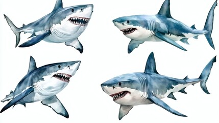 Fototapeta premium Watercolor illustrations of various great white sharks in dynamic poses on white background, playful and detailed marine artwork