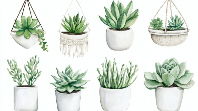 Watercolor illustration of five succulents in pots and hanging planters on a white background, soft green tones, botanical aesthetic.