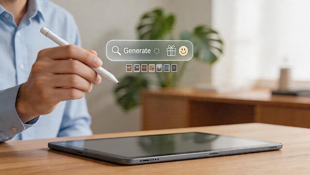 Businessman using digital stylus on tablet computer futuristic artificial intelligence interface with search bar and generate button floating above workspace modern remote office