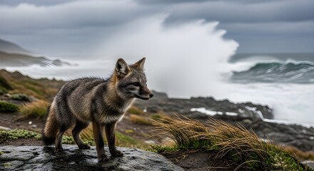 Fototapeta premium Small Darwin Fox Standing Rugged Chilean Coastline Wind Blowing Dark Fur Waves Crash Behind