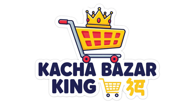 A colorful sticker featuring a shopping cart with a crown and text