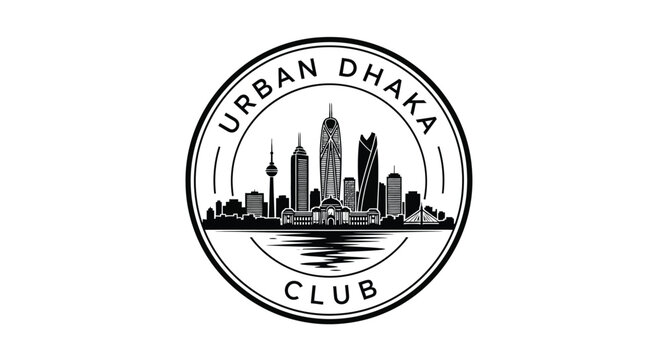 Black and white circular logo featuring the dhaka city skyline