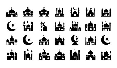 Black mosque icon set with Islamic architecture silhouettes and dome minaret symbols in flat vector style © Sabbir