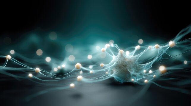 Abstract representation of glowing cells and connections in a dark background, symbolizing neuron activity and communication in a digital environment
