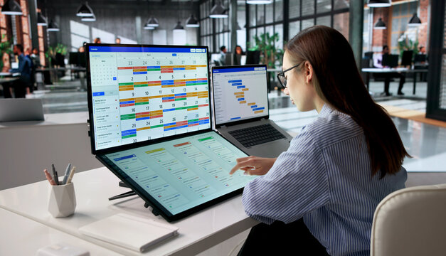 Woman Uses Computer Software To Manage Project Timeline