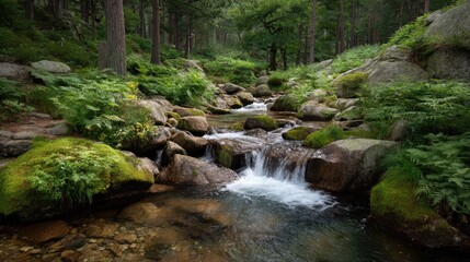 Fototapeta premium Tranquil Forest Stream Surrounded by Lush Greenery and Rocky Riverbed in a Serene Natural Landscape