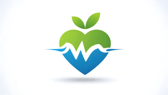 modern eco health logo combining green leaves and blue water forming a heart, representing wellness and sustainability.