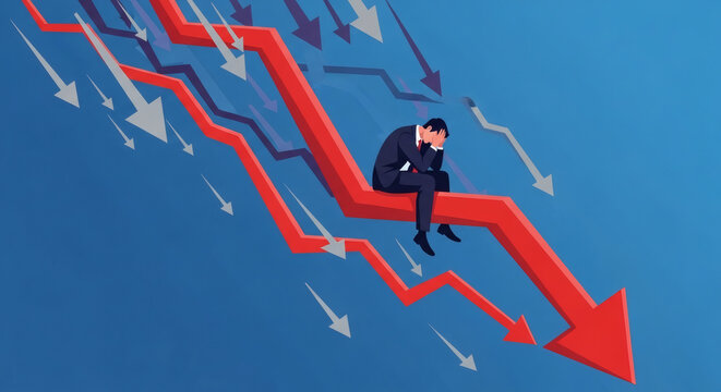 Depressed businessman on falling red arrow during market crash