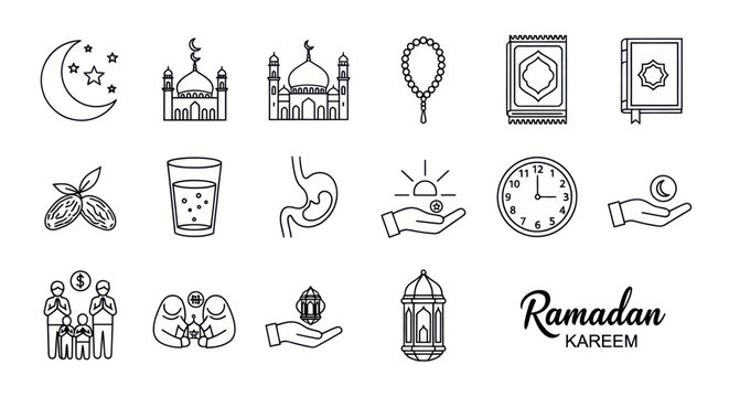 Ramadan Kareem Icons Set: Moon, Mosque, Prayer Beads, Quran, Dates, Glass, Stomach, Sun, Clock, Hand, People