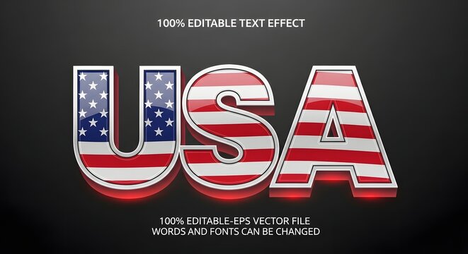 Usa vector text effect with american flag pattern, 3d editable font style on dark background