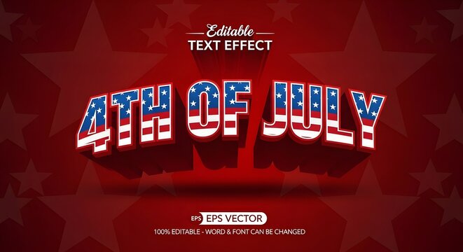 4th of july editable text effect with american flag pattern and 3d style