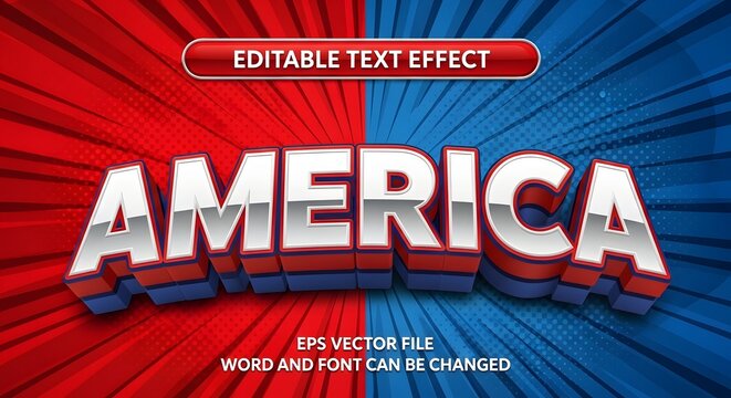 America 3d editable text effect, red and blue comic style background with sunburst rays, vector illustration for patriotic holiday graphic design