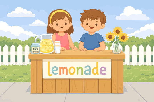 Cute children running a lemonade stand in a sunny backyard, featuring a wooden stall, fresh lemonade pitcher, tip jar, and cheerful summer entrepreneur theme