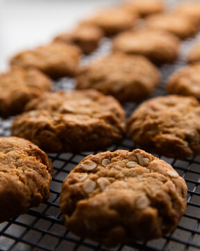 freshly baked ANZAC biscuits on a cooling rack
