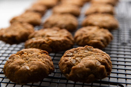 close up of ANZAC biscuits cooling on a wire rack