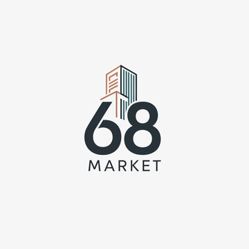 Modern 68 Market Logo with Urban Building Skyline Element on Isolated White Background