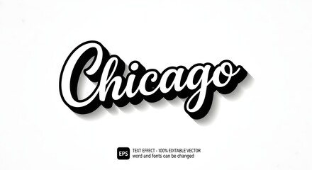 Naklejka premium Chicago script text effect with black 3d shadow on white background editable vector typography for city branding and travel designs