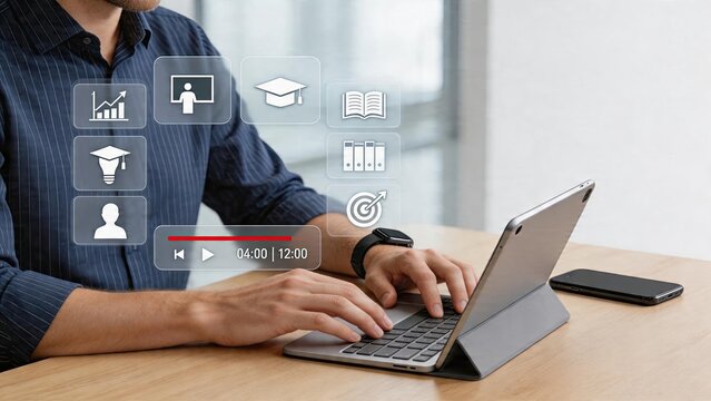 Businessman typing on tablet with digital hologram interface showing education and business icons online learning concept study skills graph chart graduation hat book target video