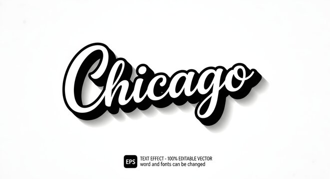 Chicago script text effect with black 3d shadow on white background editable vector typography for city branding and travel designs