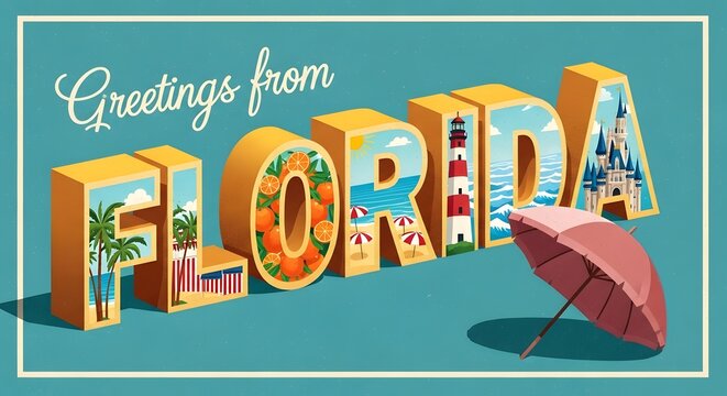 Vintage style greetings from florida postcard illustration 3d letters featuring iconic florida landmarks like palm trees, oranges, and lighthouse