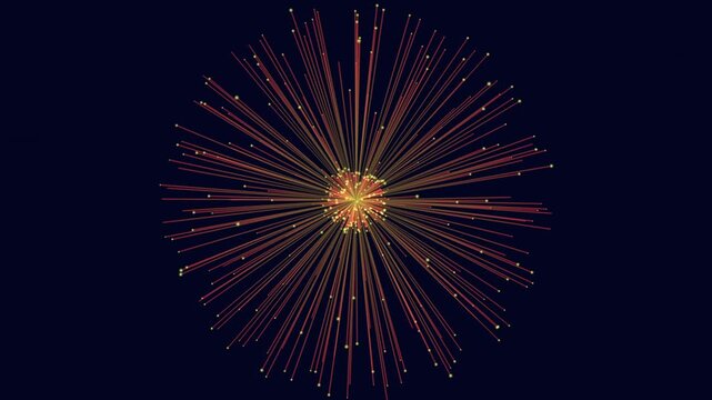 Abstract footage of a radial starburst particle explosion, with glowing orange lines and sparkling dots expanding from the center on a dark blue background