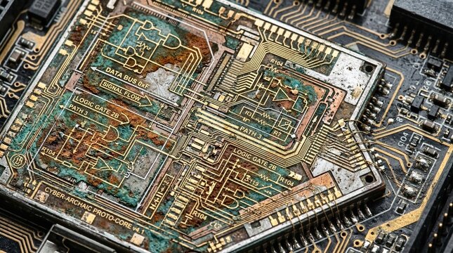 Abstract Macro of Corroded Computer Chip with Digital Schematics