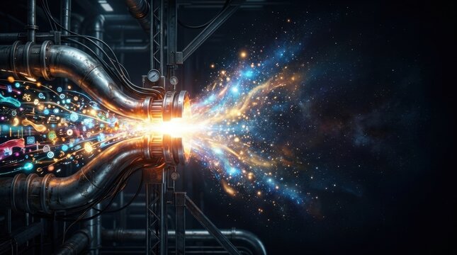 Futuristic spaceship amidst a large colorful explosion of light depicting the concept of energy bottleneck