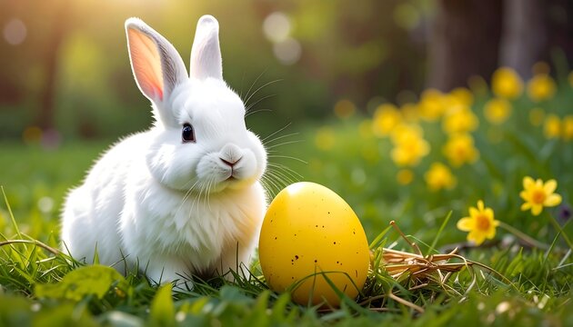 A white rabbit sitting next to a yellow egg