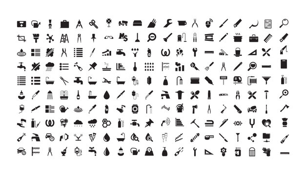 A collection of various black icons on a white background used for business and communication
