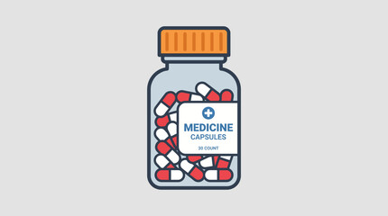 Fototapeta premium Flat design illustration of a medicine bottle packed with various capsules, symbolizing health, wellness, and medical prescription