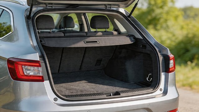 Empty car trunk open hatchback boot ready for luggage spacious storage area with cargo cover and tiedown hooks family travel preparation road trip essentials packing