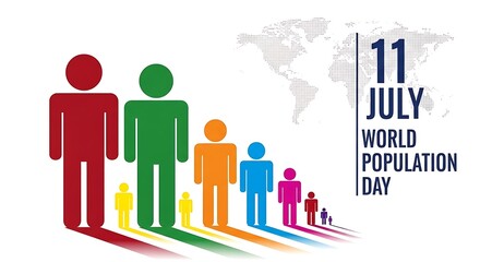 Fototapeta premium World Population Day illustration with diverse people standing on growth chart 11 July