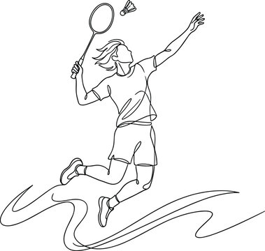 Badminton player jumping smash action with racket shuttlecock dynamic sports movement line art vector illustration