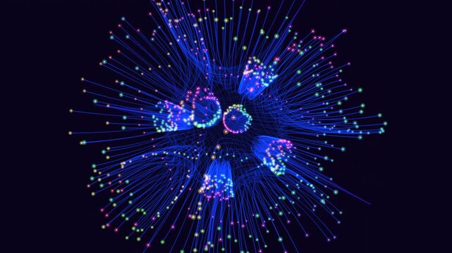 Futuristic abstract footage of blue fiber optic lines and colorful particles swirling in space, visualizing data flow, connectivity, AI, and communication technology