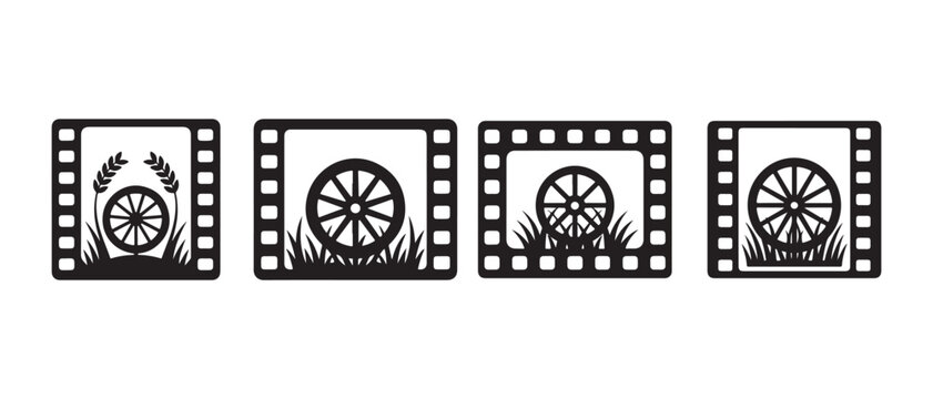 Wagon Wheels and Rural Elements in Filmstrip Frames, Monochrome Vector Icon Set.
