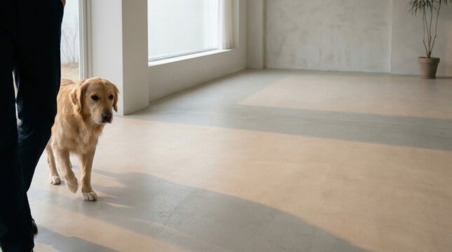 Energetic dog walking gracefully in a room following its owner with eager anticipation