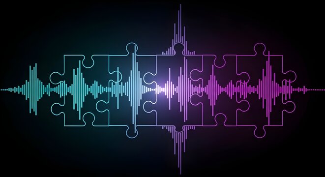 Neon Sound Wave Puzzle Pieces with Equalizer Pattern on Black Background for Music Production Concept Vector