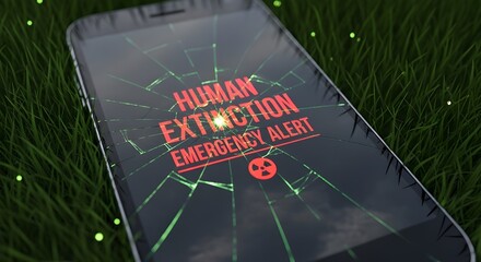 Obraz premium Close Up Cracked Phone Display Showing Extinction Warning in Radioactive Grass Futuristic Dystopian Scene