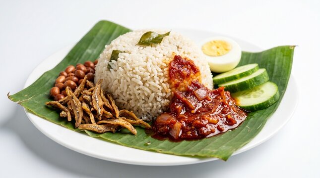 A traditional Malaysian dish of nasi lemak served on a banana leaf with various side dishes
