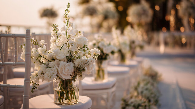 elegant outdoor summer wedding ceremony setup with white floral aisle arrangements in glass vases, sophisticated wedding decor featuring white roses and delphiniums on white Chiavari chairs