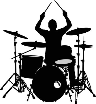 Silhouette Drummer Playing Drum Kit.