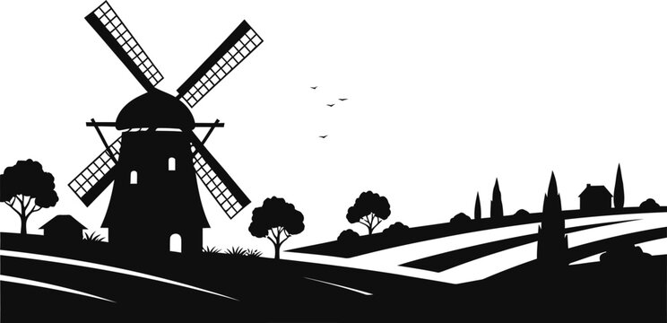 Silhouette Windmill In Rural Landscape.